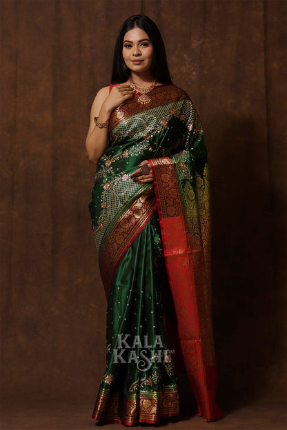 Dark Green Hand Woven Banarasi Satin Silk Saree
