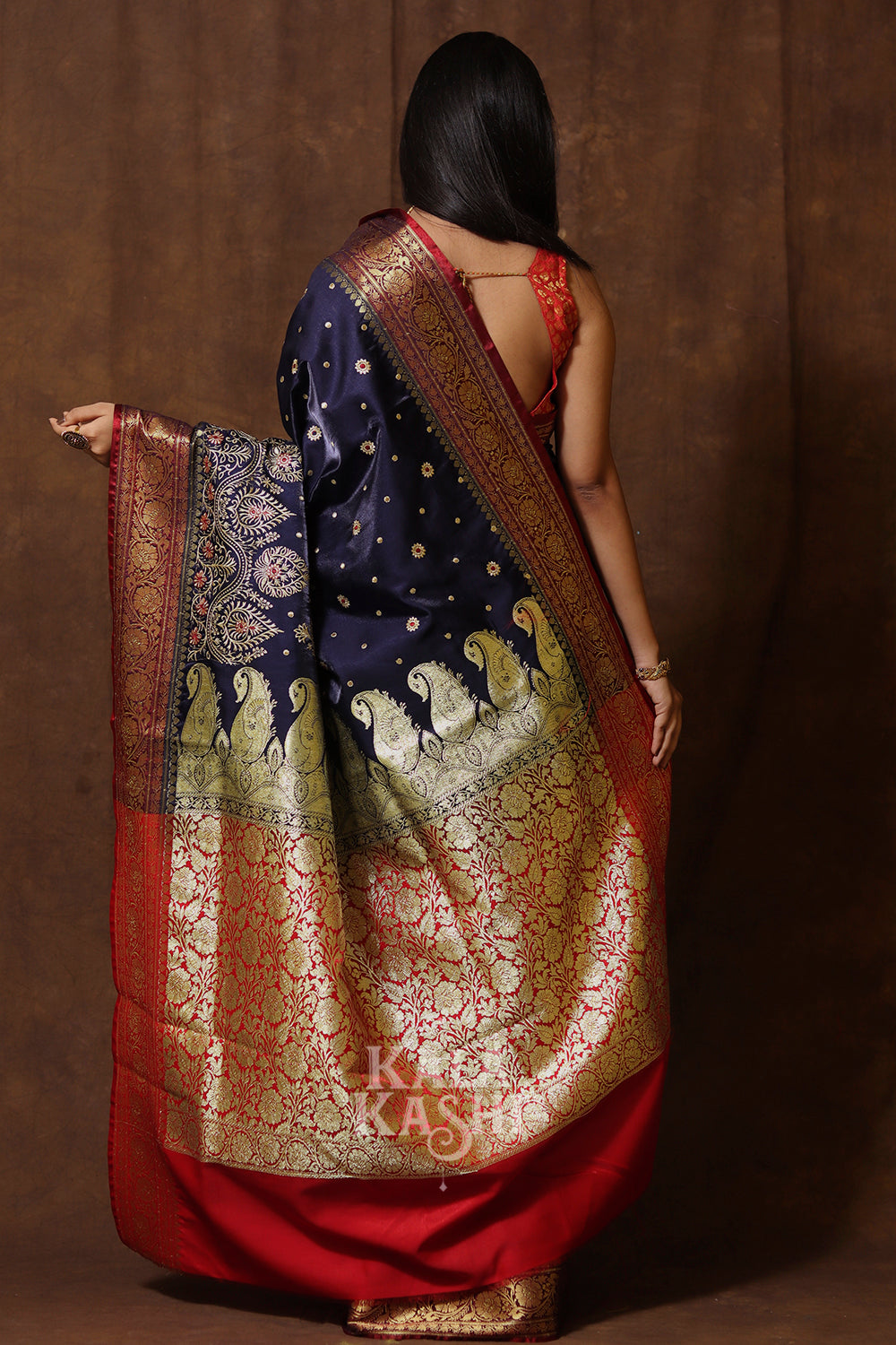 Dark Blue Hand Woven Banarasi Satin Silk Saree