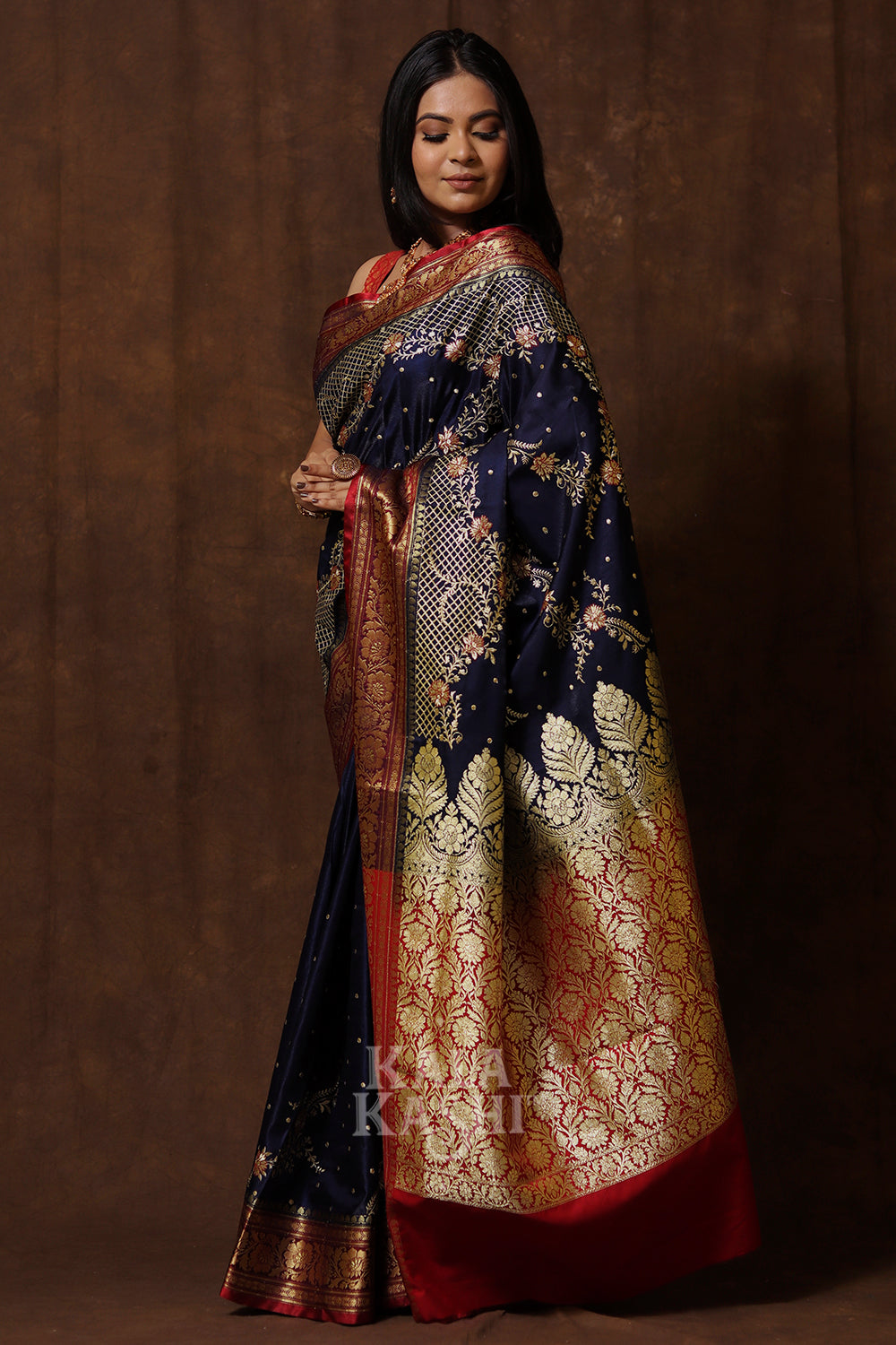 Dark Blue Hand Woven Banarasi Satin Silk Saree