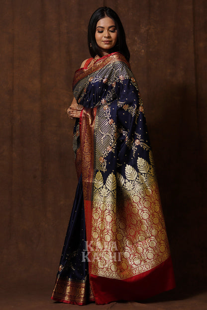 Dark Blue Hand Woven Banarasi Satin Silk Saree