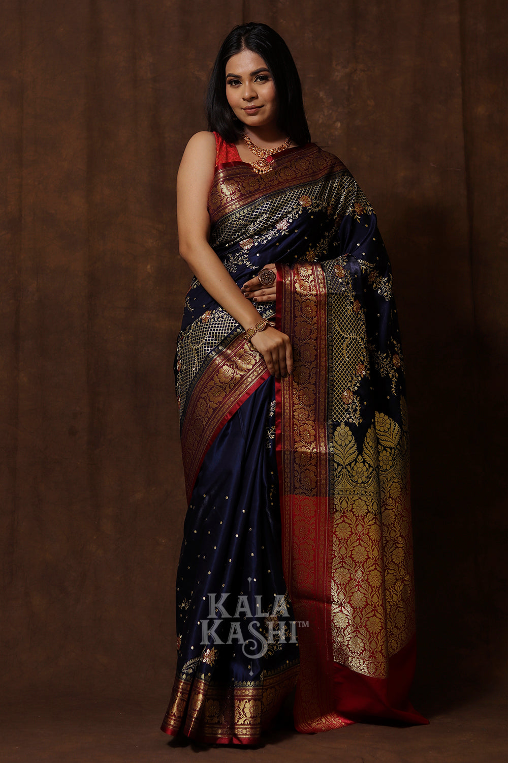 Dark Blue Hand Woven Banarasi Satin Silk Saree