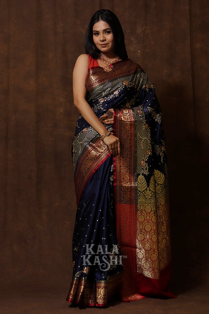 Dark Blue Hand Woven Banarasi Satin Silk Saree