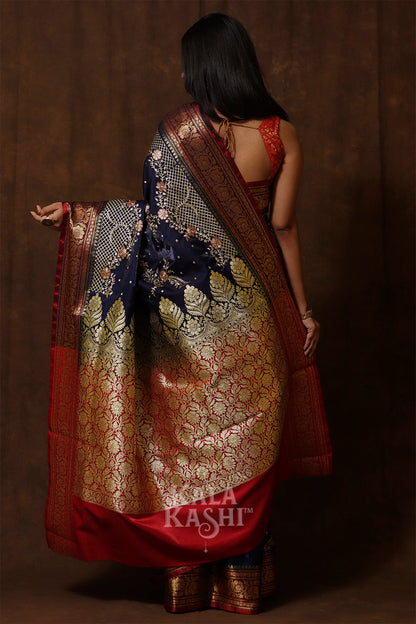 Dark Blue Hand Woven Banarasi Satin Silk Saree