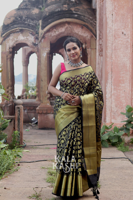 Black Golden Hand Woven Banarasi Cotton Silk Saree