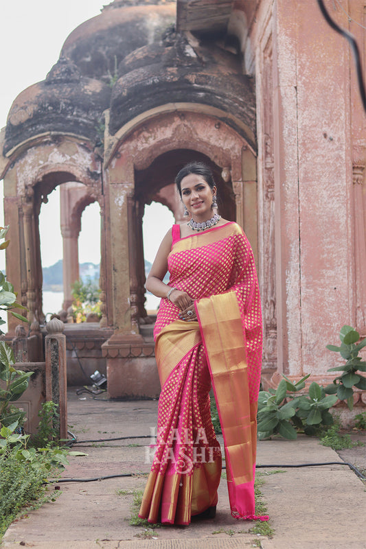 Pink Hand Woven Banarasi Cottton Silk Saree