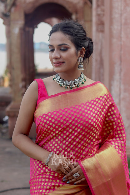 Pink Hand Woven Banarasi Cottton Silk Saree