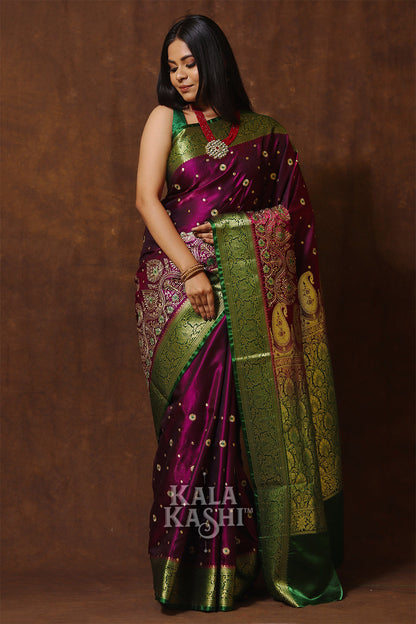Dark Magenta Hand Woven Banarasi Satin Silk Saree