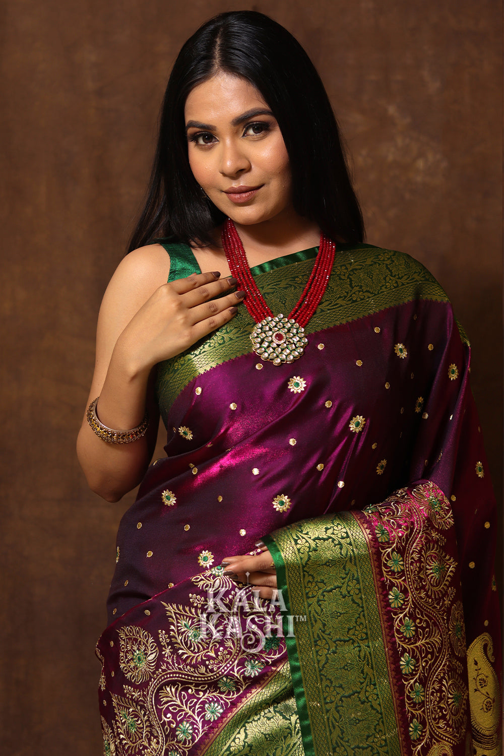 Dark Magenta Hand Woven Banarasi Satin Silk Saree