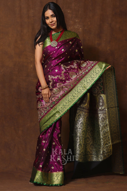 Dark Magenta Hand Woven Banarasi Satin Silk Saree