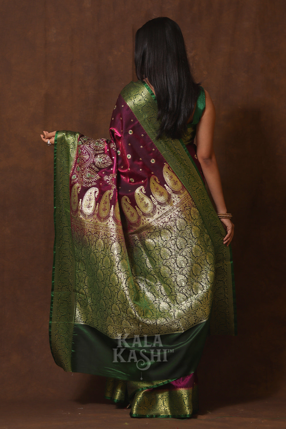 Dark Magenta Hand Woven Banarasi Satin Silk Saree
