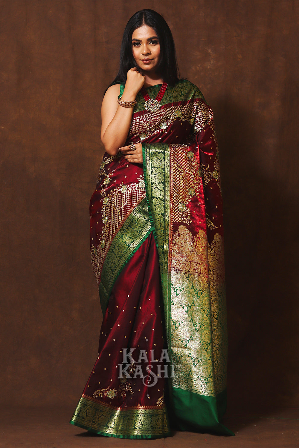 Dark Red Hand Woven Banarasi Satin Silk Saree