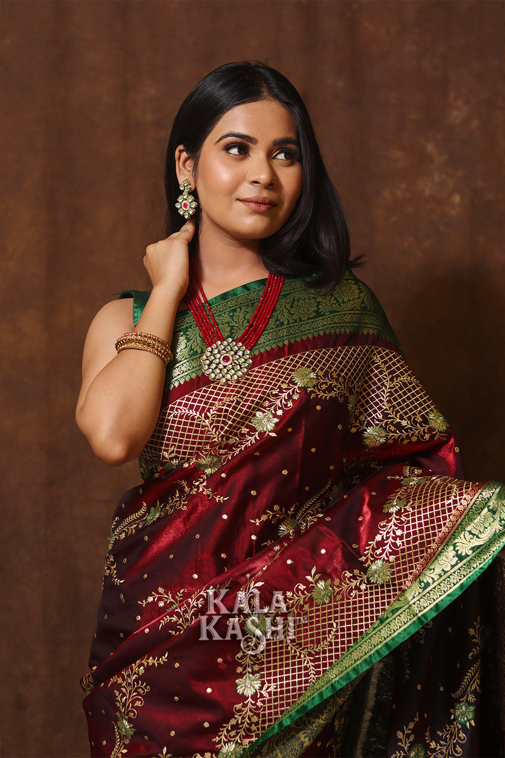 Dark Red Hand Woven Banarasi Satin Silk Saree