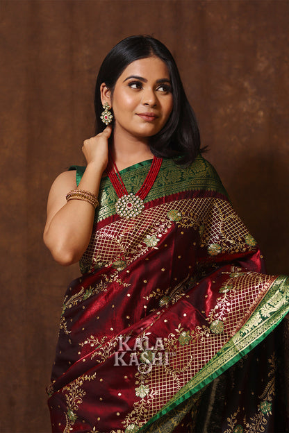 Dark Red Hand Woven Banarasi Satin Silk Saree