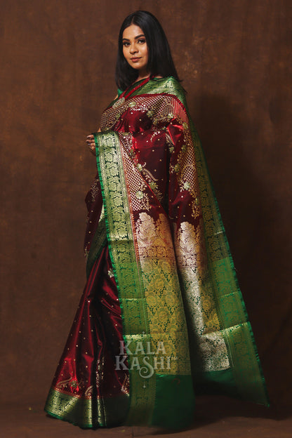Dark Red Hand Woven Banarasi Satin Silk Saree