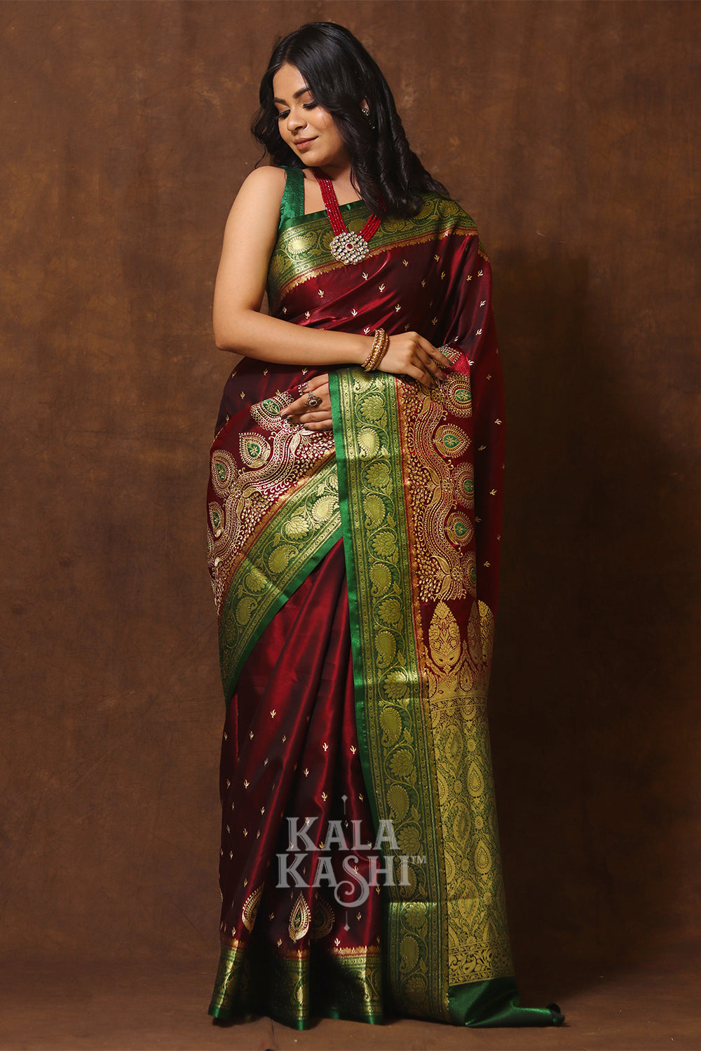 Dark Red Hand Woven Banarasi Satin Silk Saree