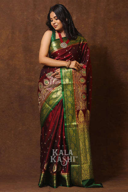 Dark Red Hand Woven Banarasi Satin Silk Saree