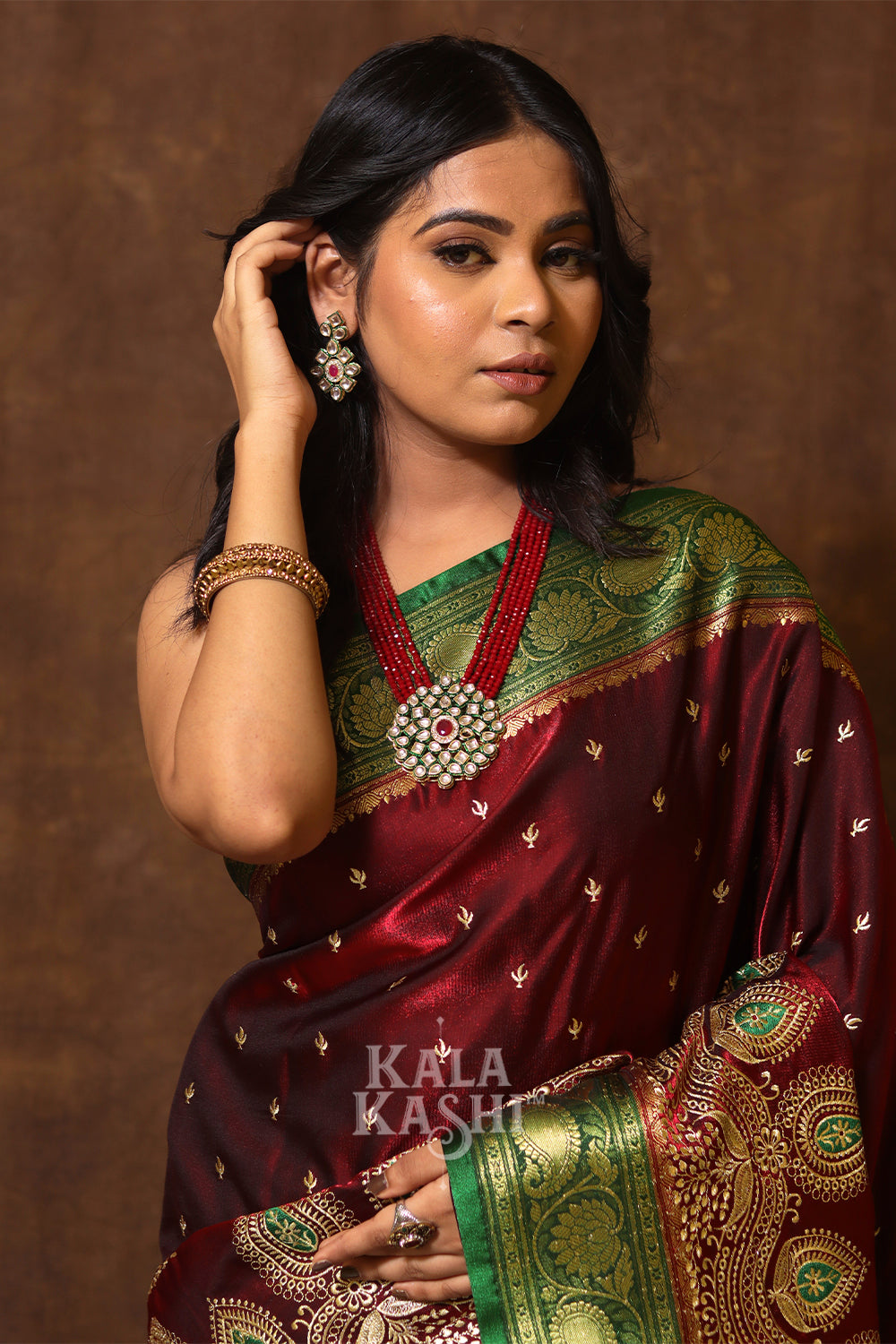 Dark Red Hand Woven Banarasi Satin Silk Saree