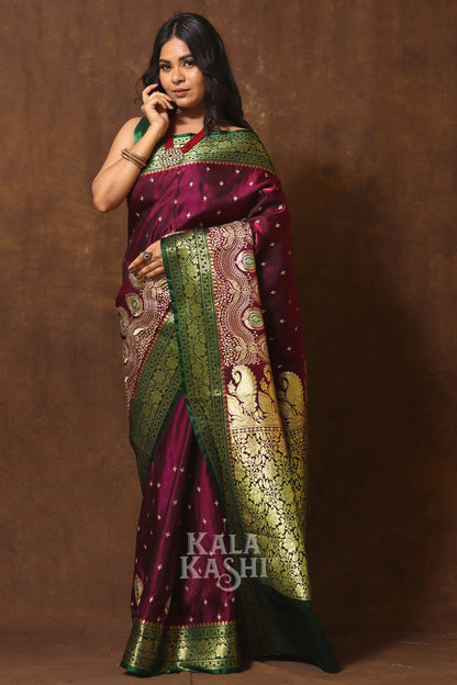 Dark Maroon Hand Woven Banarasi Satin Silk Saree