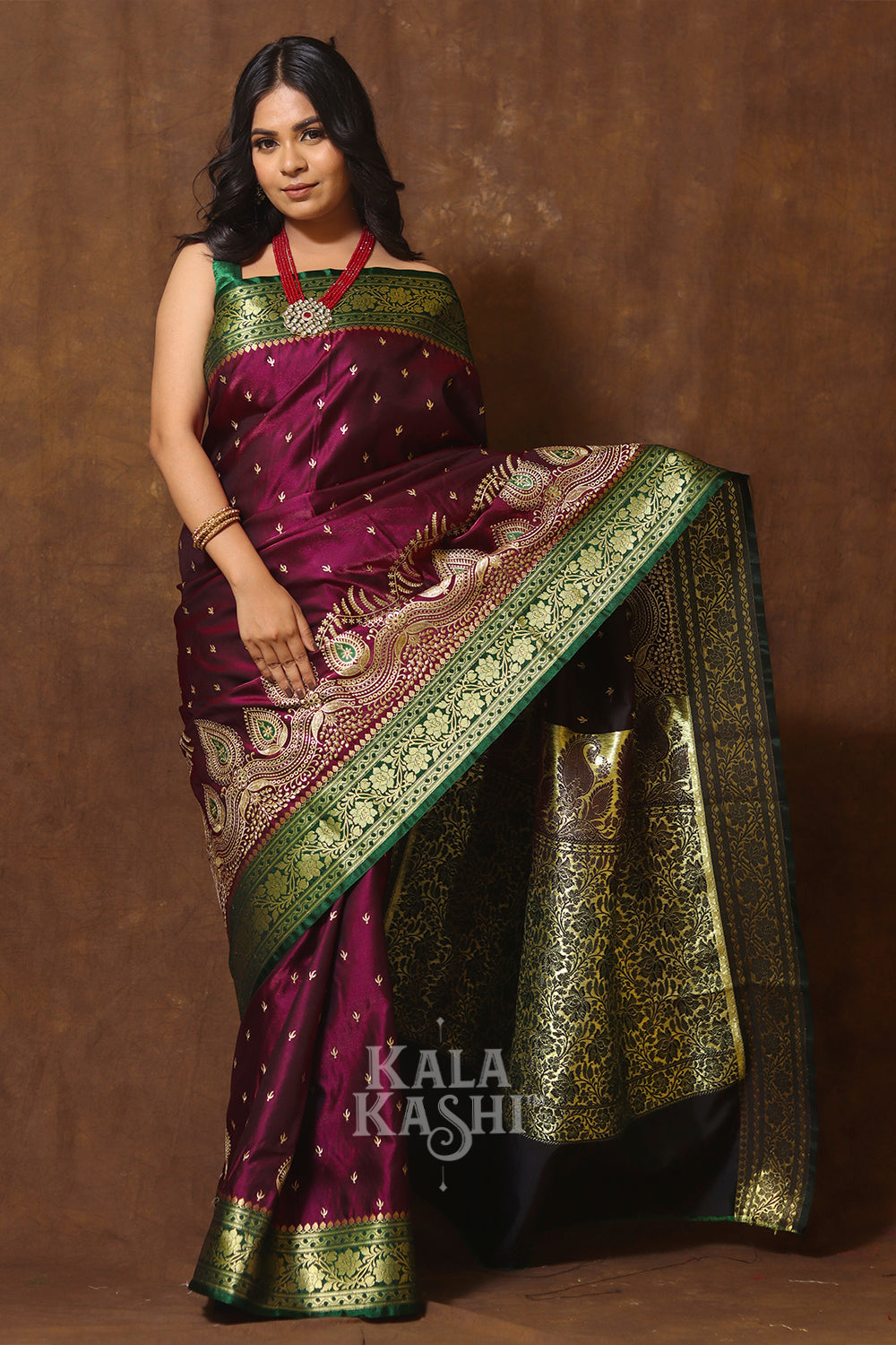 Dark Maroon Hand Woven Banarasi Satin Silk Saree