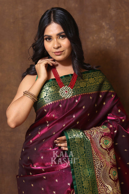 Dark Maroon Hand Woven Banarasi Satin Silk Saree