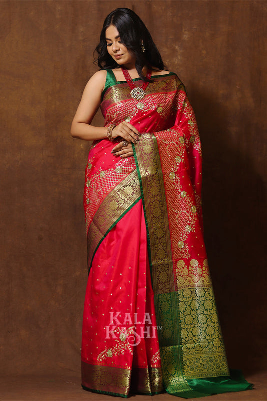 Red Hand Woven Banarasi Satin Silk Saree