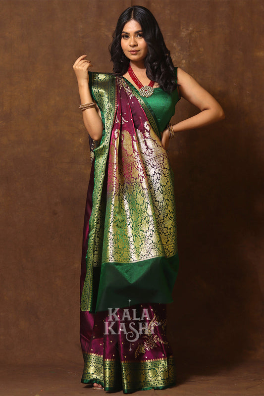 Dark Red Hand Woven Banarasi Satin Silk Saree