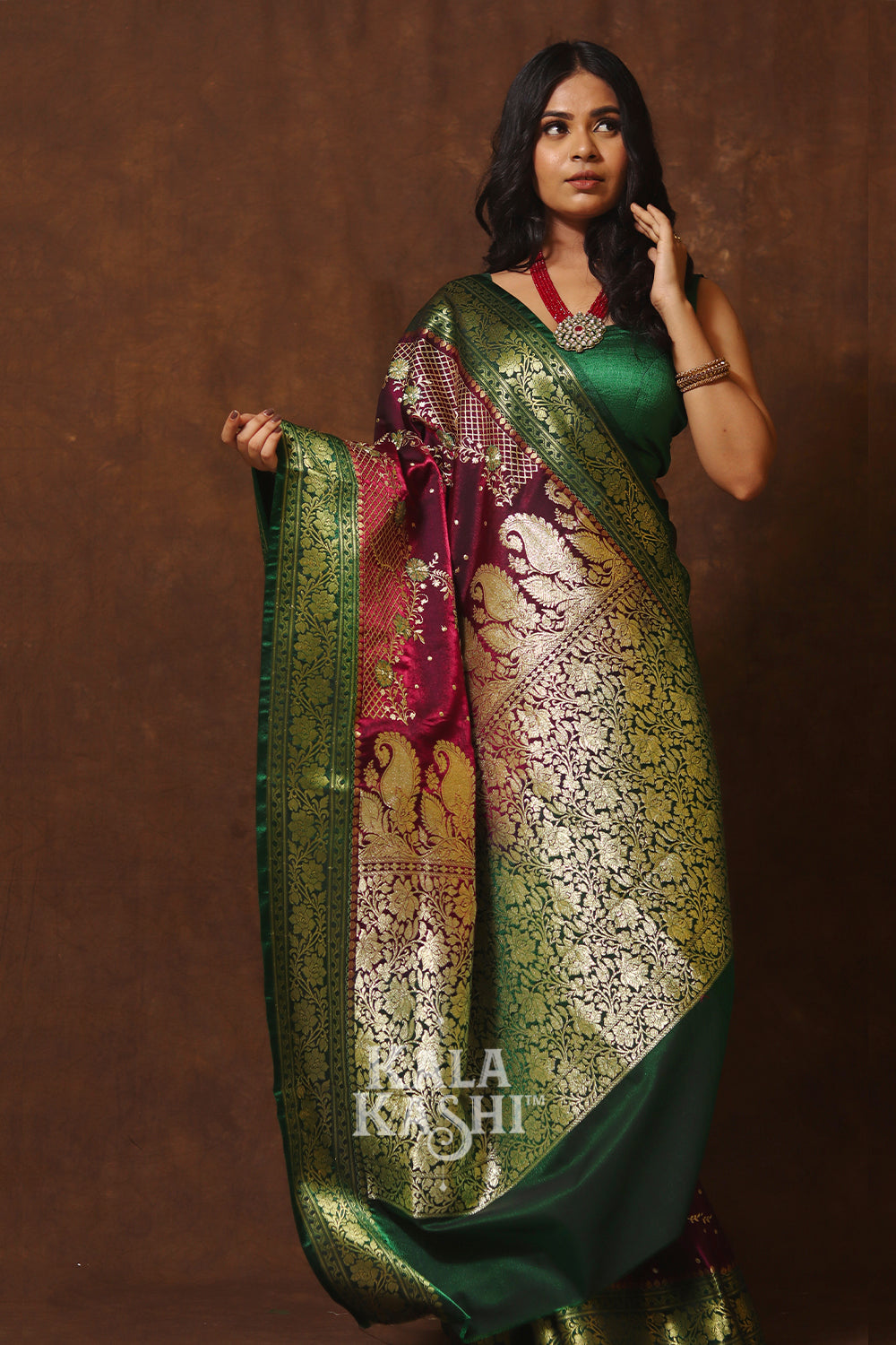 Dark Red Hand Woven Banarasi Satin Silk Saree