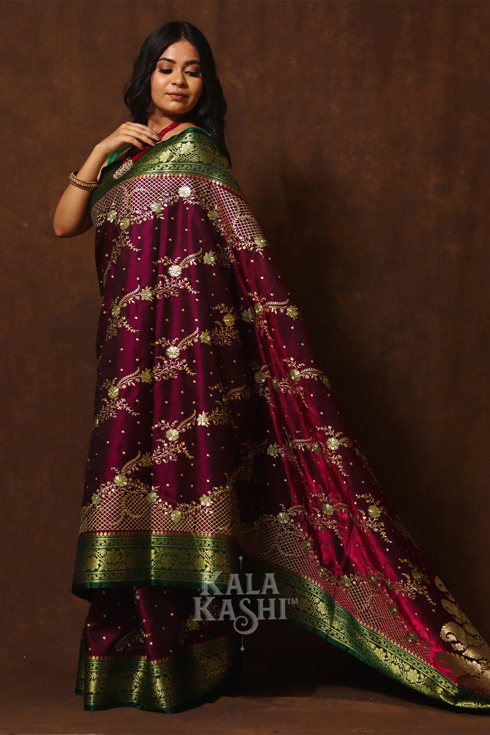 Dark Red Hand Woven Banarasi Satin Silk Saree