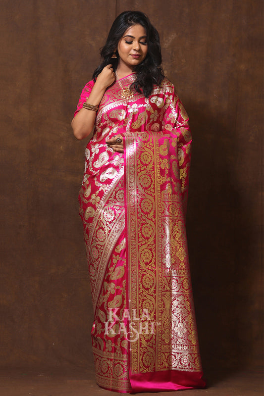 Fuscia Pink Hand Woven Katan Silk Saree