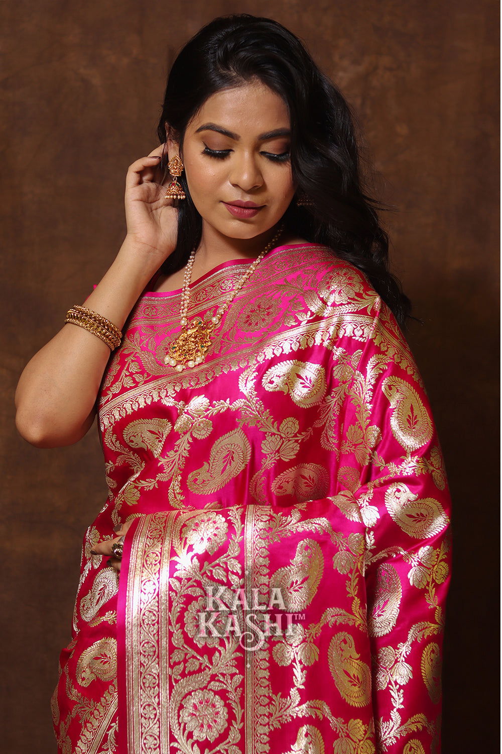 Fuscia Pink Hand Woven Katan Silk Saree