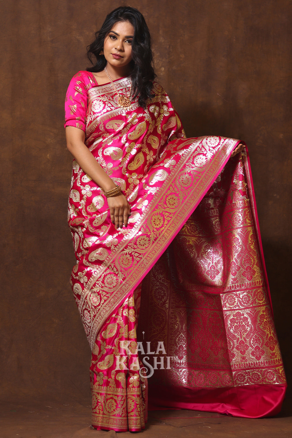 Fuscia Pink Hand Woven Katan Silk Saree
