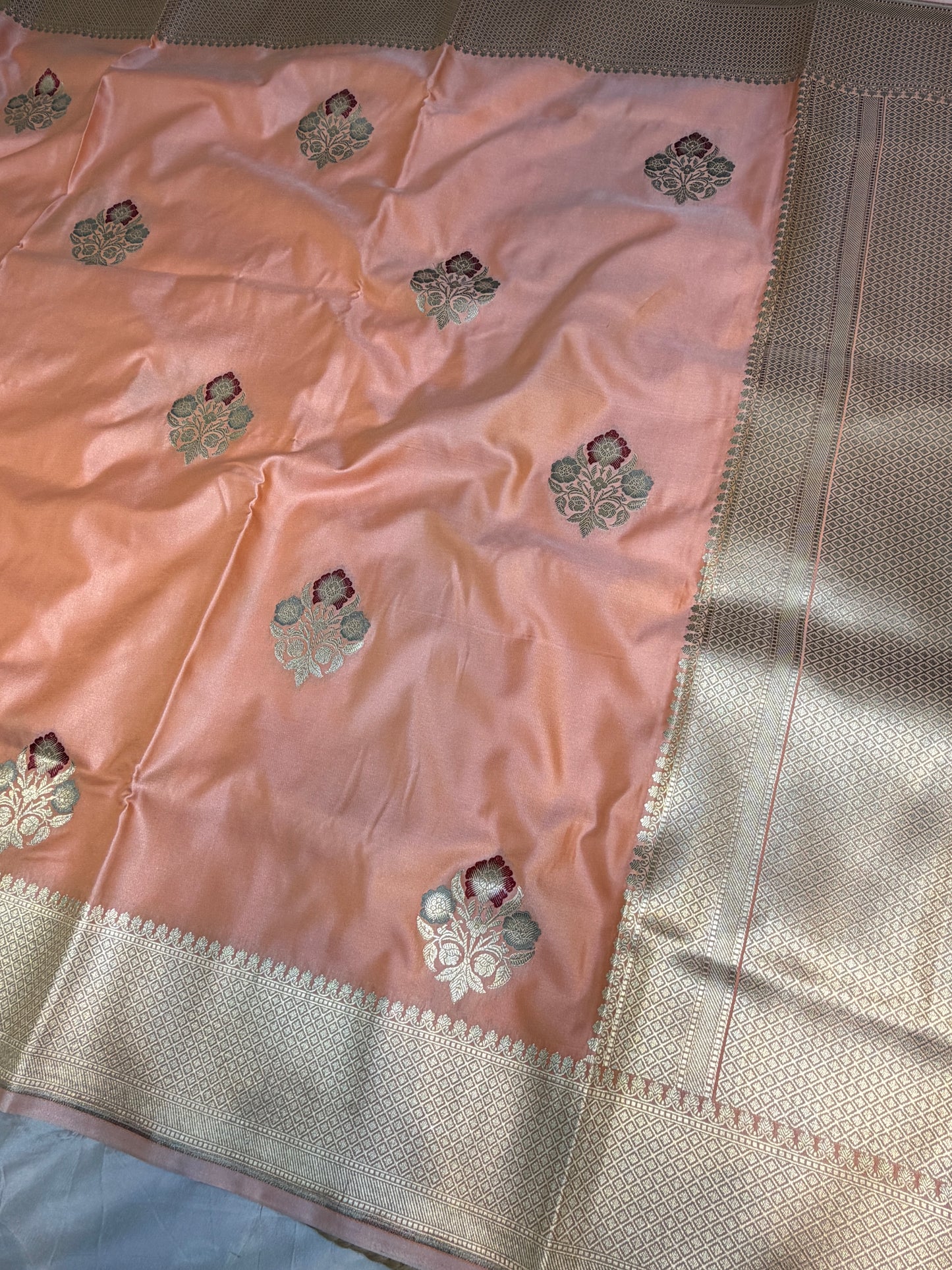 Peach banarasi Mashru Silk Banarasi Saree With Meena bootas