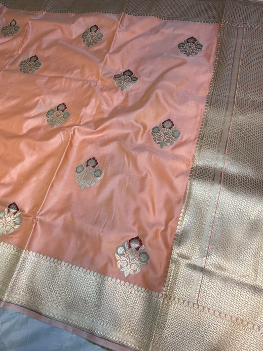 Peach banarasi Mashru Silk Banarasi Saree With Meena bootas