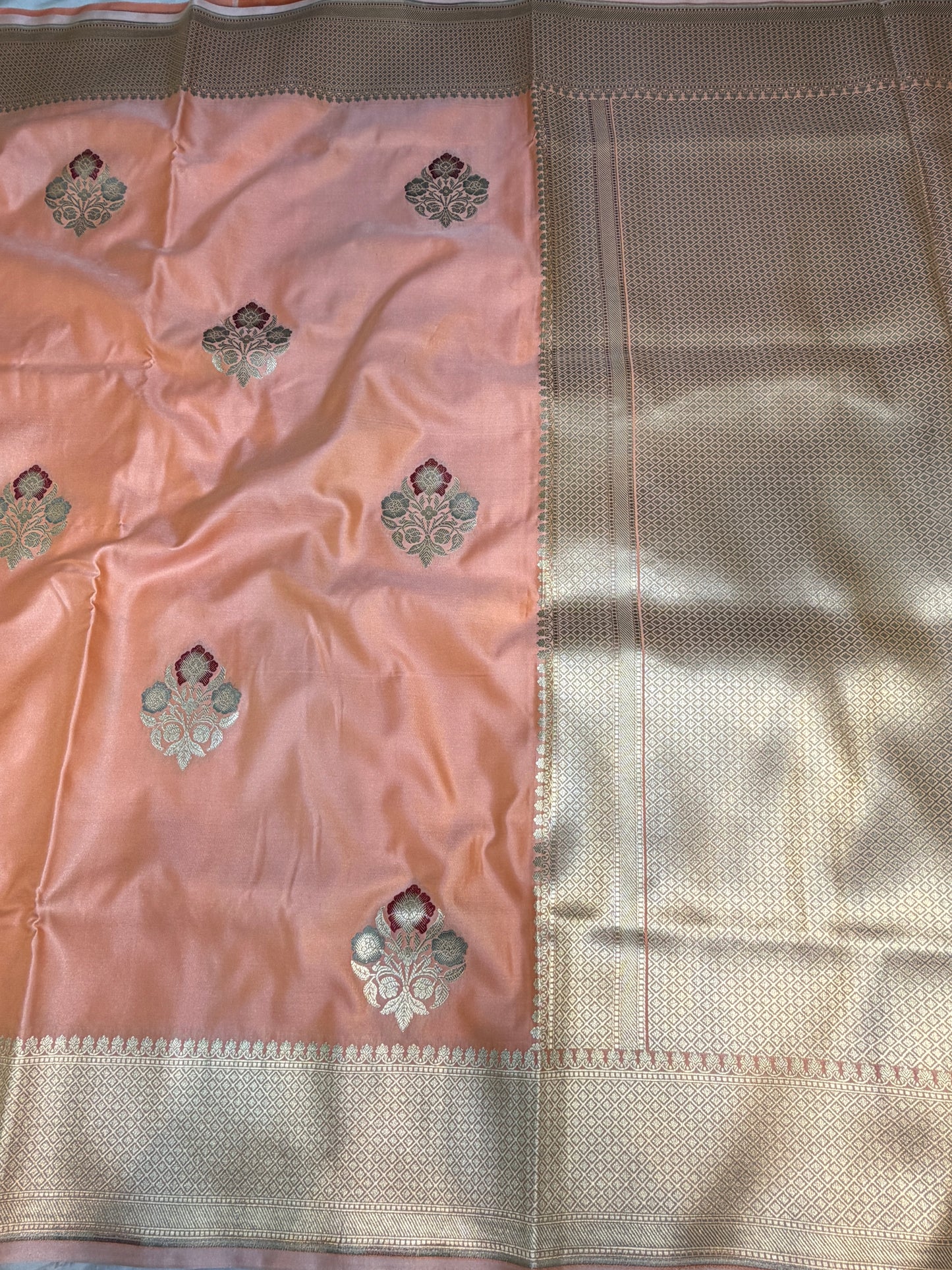 Peach banarasi Mashru Silk Banarasi Saree With Meena bootas