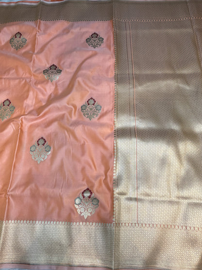 Peach banarasi Mashru Silk Banarasi Saree With Meena bootas