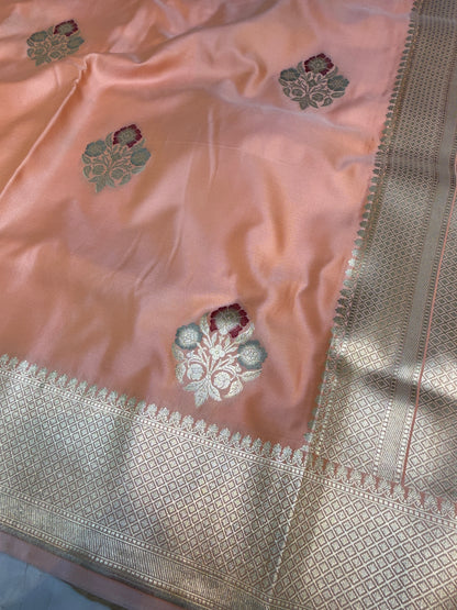 Peach banarasi Mashru Silk Banarasi Saree With Meena bootas