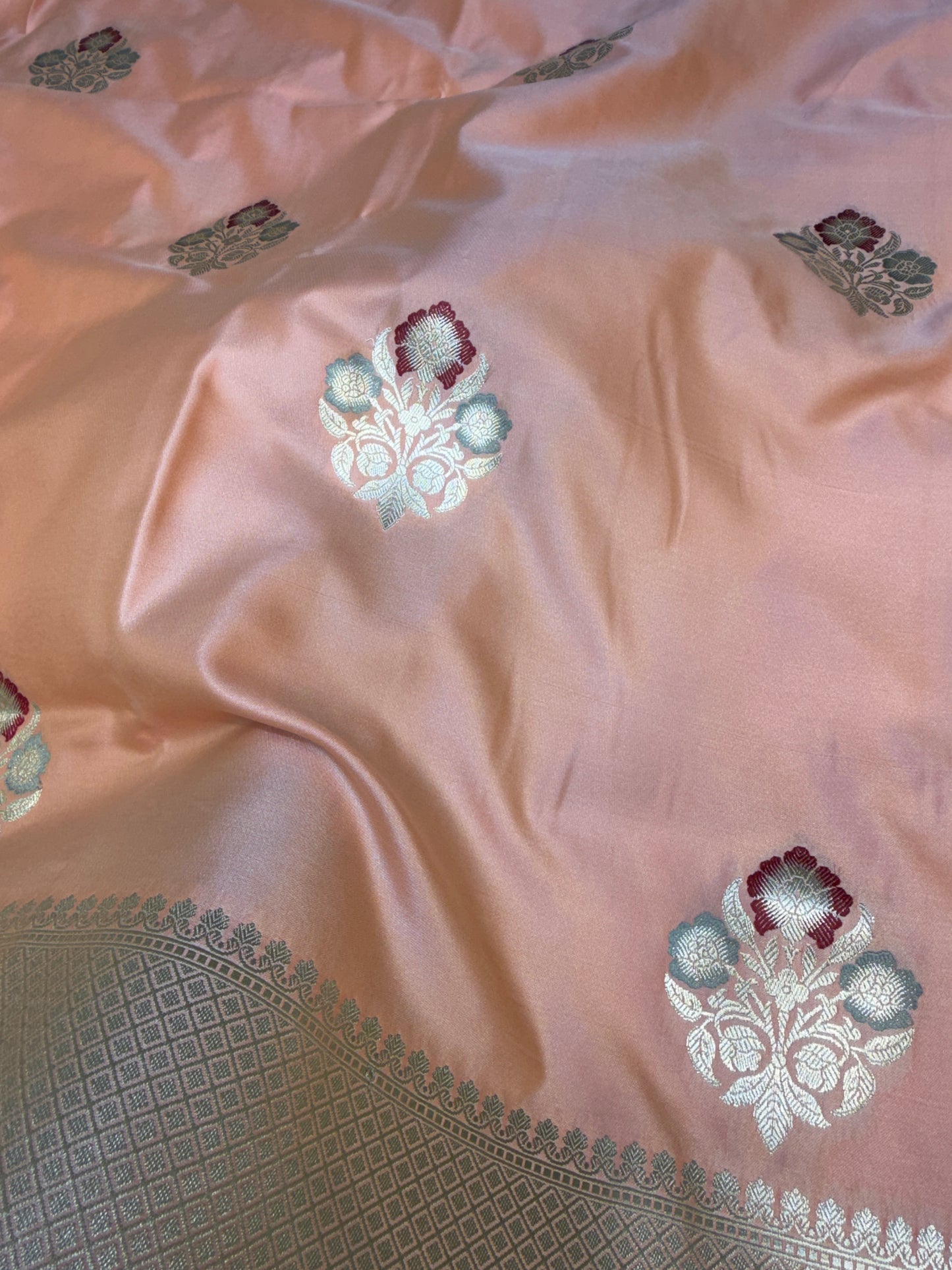 Peach banarasi Mashru Silk Banarasi Saree With Meena bootas