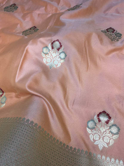 Peach banarasi Mashru Silk Banarasi Saree With Meena bootas
