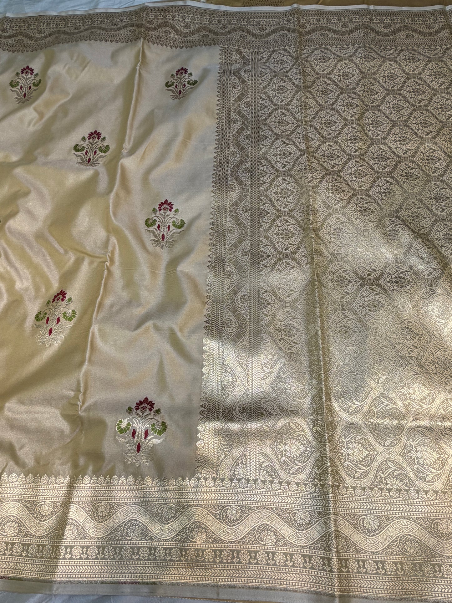 Tan color Mashru Silk Banarasi Saree With Meena bootas
