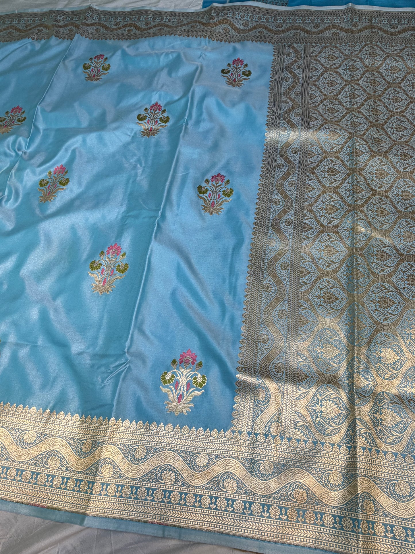 Powder Blue Mashru Silk Banarasi Saree With Meena bootas