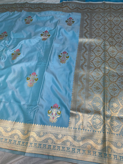 Powder Blue Mashru Silk Banarasi Saree With Meena bootas