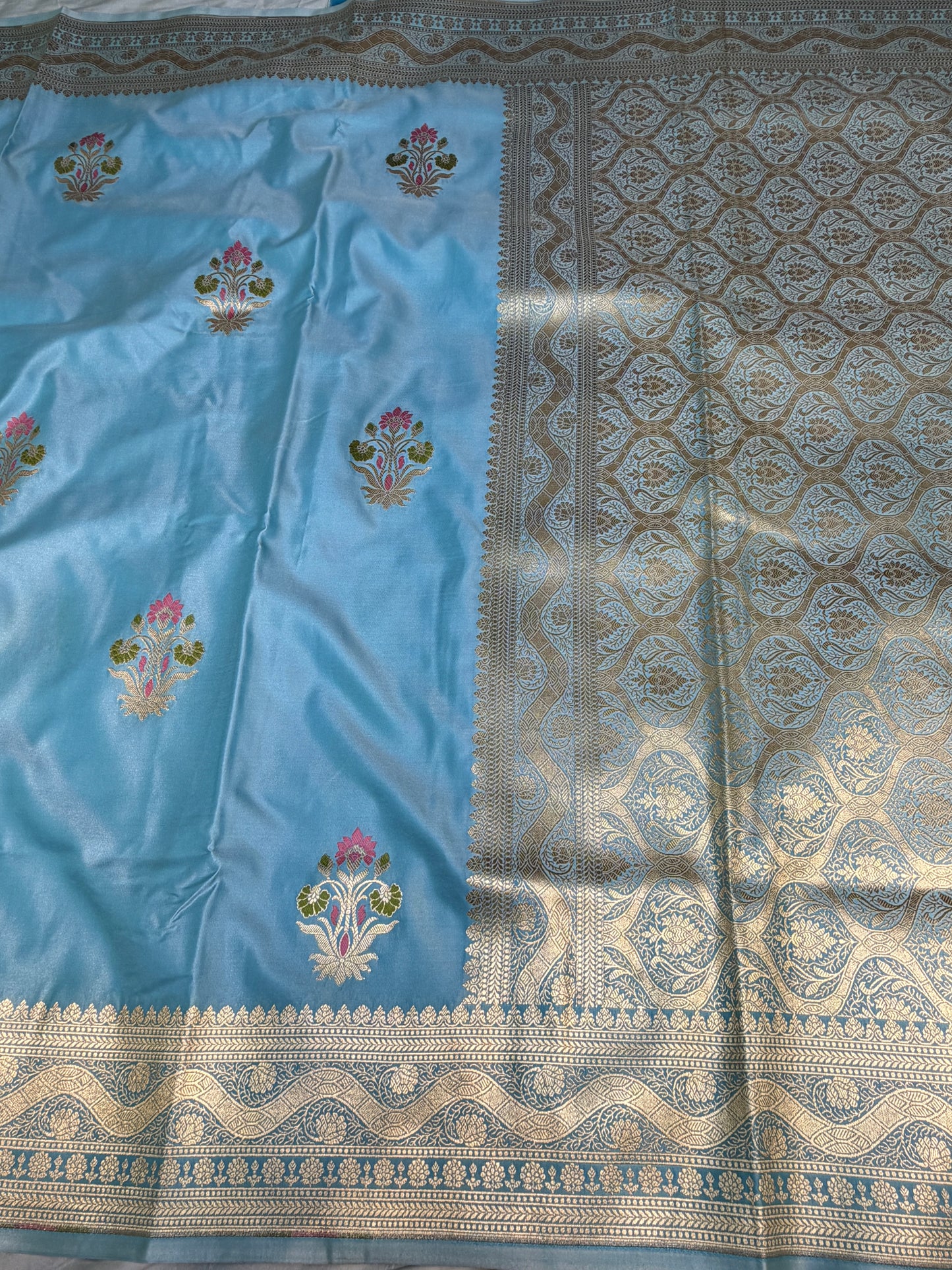 Powder Blue Mashru Silk Banarasi Saree With Meena bootas