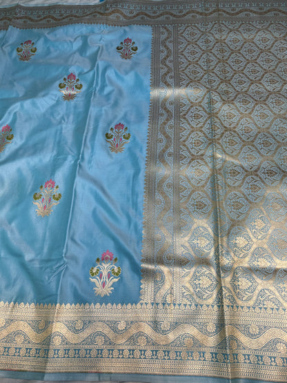 Powder Blue Mashru Silk Banarasi Saree With Meena bootas