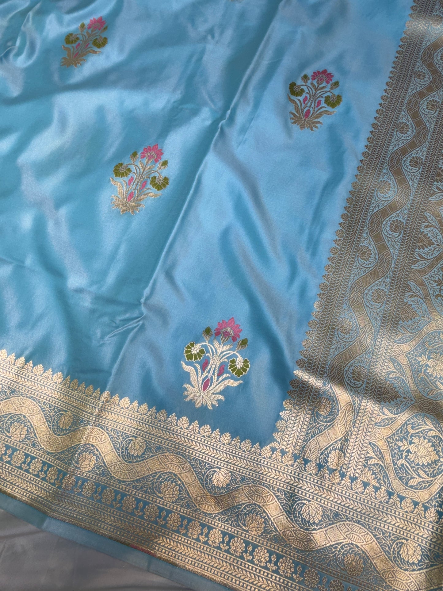 Powder Blue Mashru Silk Banarasi Saree With Meena bootas
