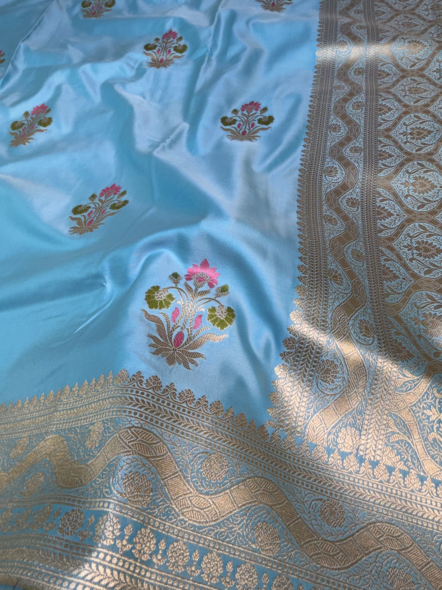 Powder Blue Mashru Silk Banarasi Saree With Meena bootas