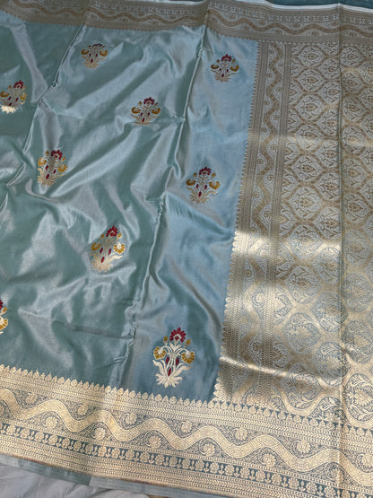 Dark Grey Banarasi Mashru Silk Banarasi Saree With Meena bootas