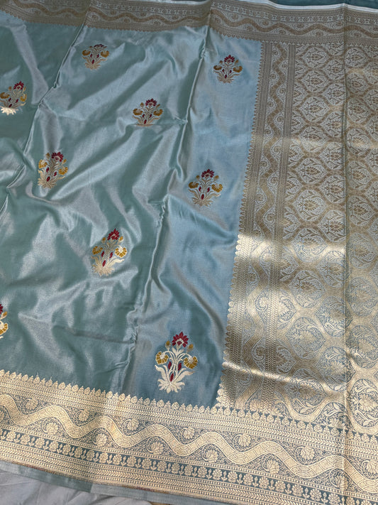 Dark Grey Banarasi Mashru Silk Banarasi Saree With Meena bootas