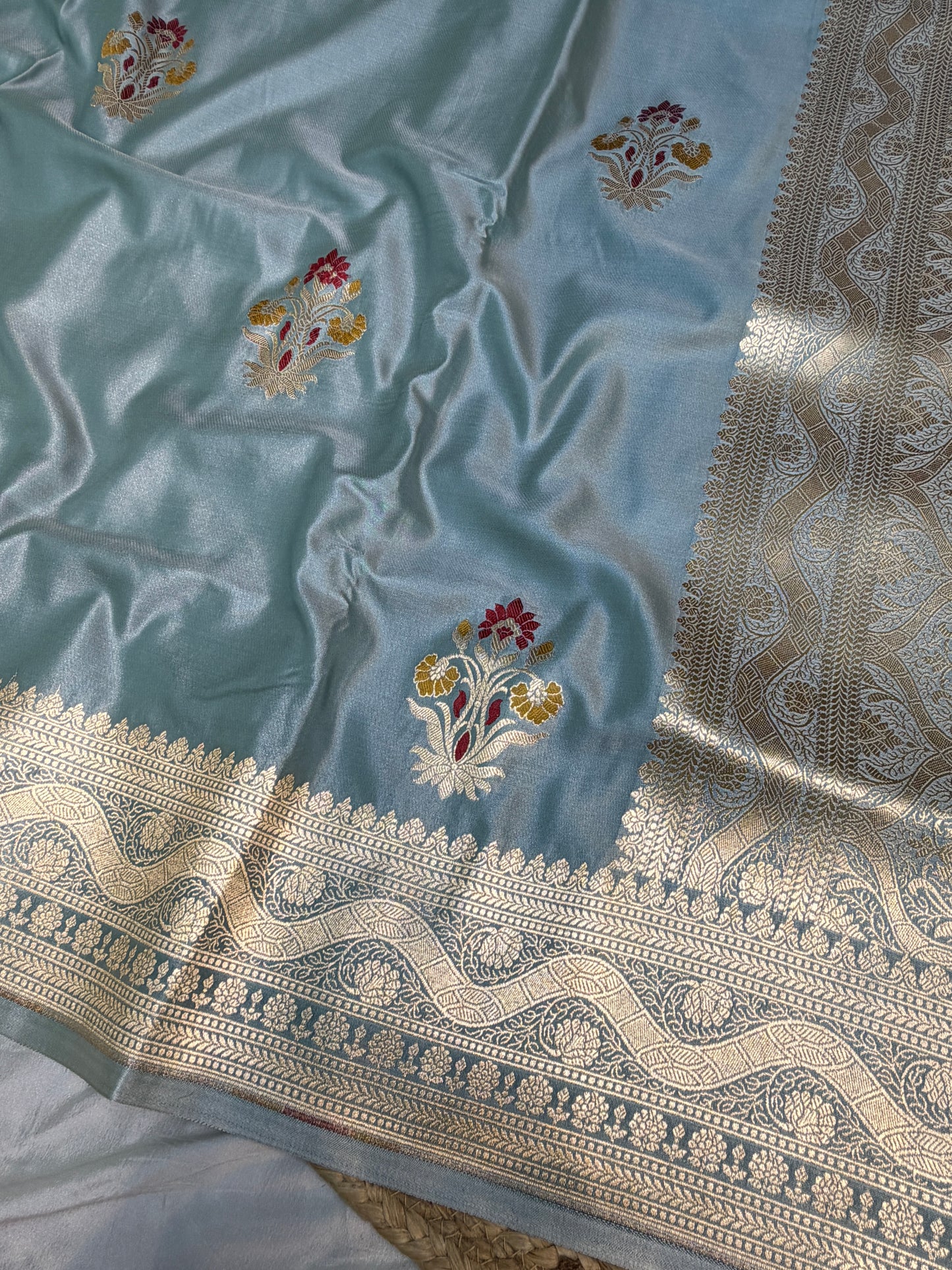 Dark Grey Banarasi Mashru Silk Banarasi Saree With Meena bootas