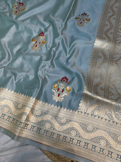 Dark Grey Banarasi Mashru Silk Banarasi Saree With Meena bootas