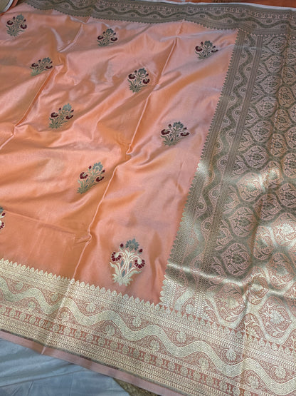 Peach banarasi Mashru Silk Banarasi Saree With Meena bootas